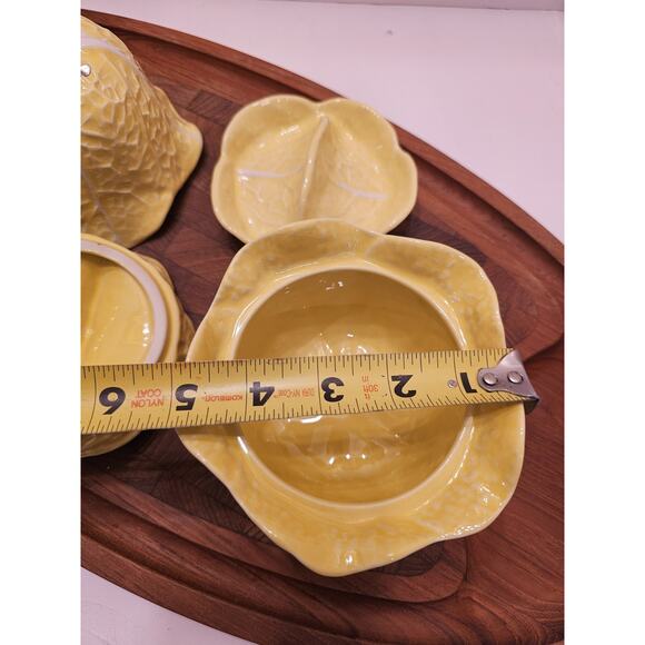 2 Secla Portugal Pottery Cabbage‎ Leaf Yellow Soup Bowl+ Lid Condiment VTG Majol - Picture 6 of 12